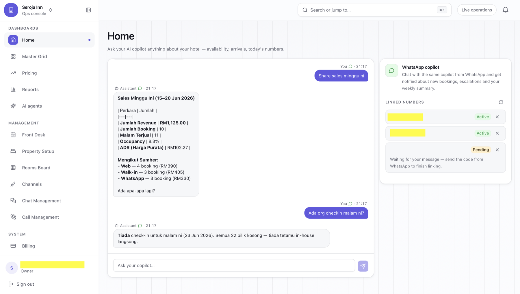 CheckinAI: admin dashboard, web view